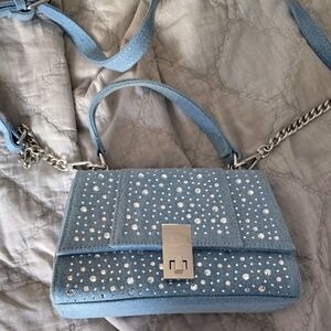 Aldo Denim S tylish Blue Handbag with Silver Accents Has Short And Long Strap